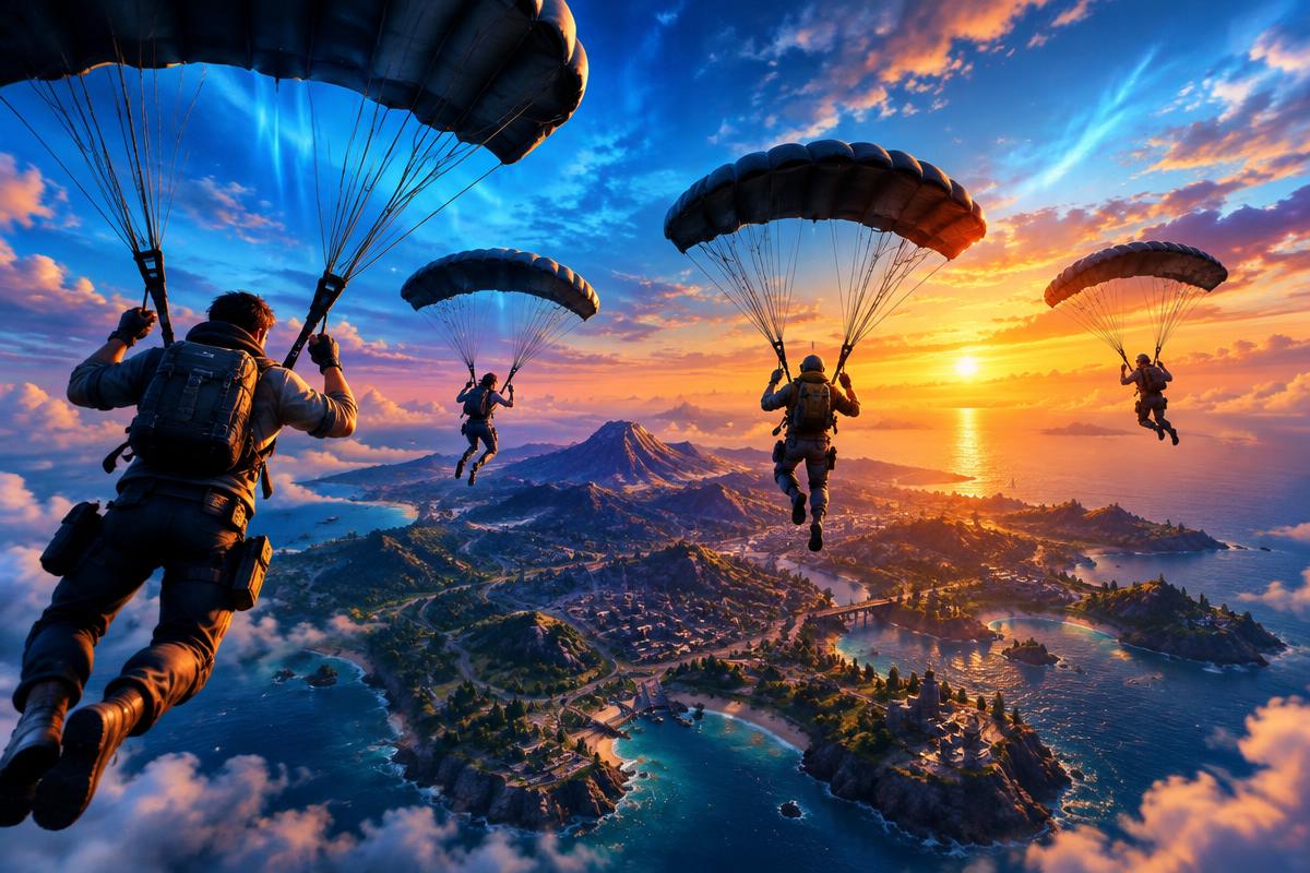 Squad parachuting into battle royale island